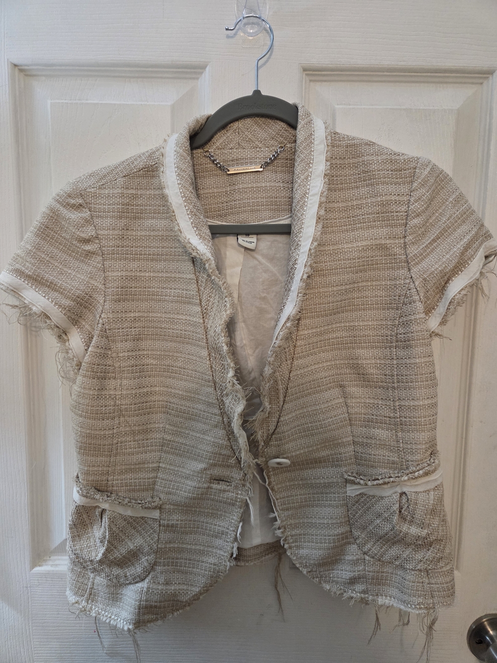 White House Black Market Beige Frayed Short-Sleeve Tweed Jacket